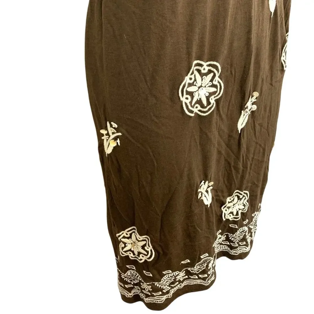 Charter Club Petite Womens Brown Beaded Embroidered Sleeveless Dress PP XS